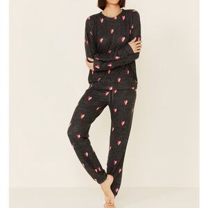 PJ Salvage Charcoal and Pink Heart Pajama Set
